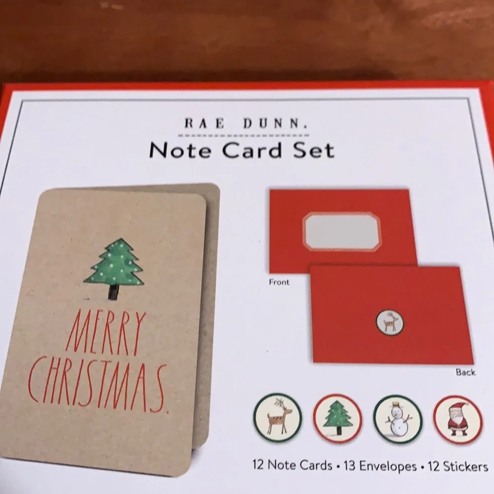 RAE DUNN note cards with tree & “MERRY CHRISTMAS”. cards, stickers,envelopes.